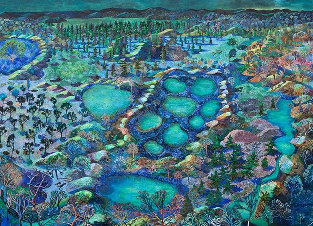 Night painting of a wetlands with coyotes carrying a pet cat by Sophia Heymans 