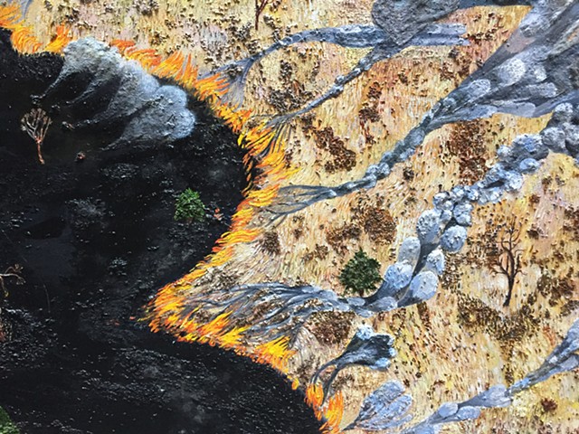 Detail from "Sending Off the Prairie".  Ash from our newly burned prairie was used in the black area of the painting