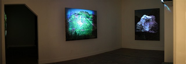 SCOPING A WALL WITH NO NAME (left)
and
INCOG IN SEVEN FALLS (right)
installed at Krowswork Gallery, Oakland, CA