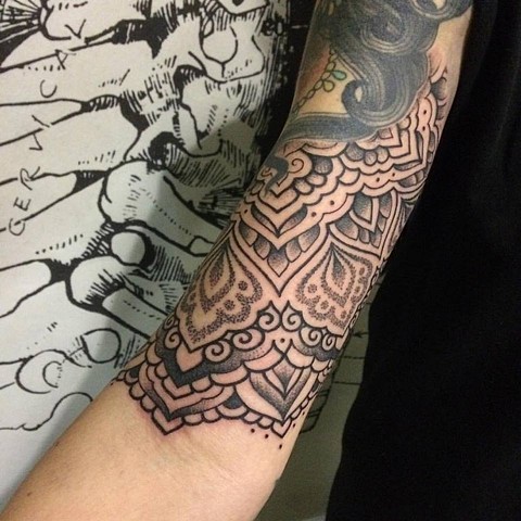 Mandala tattoo sleeve by Alvaro Flores Melbourne Tattooer at La Flor Sagrada Tattoo Studio in Coburg, Melbourne Australia