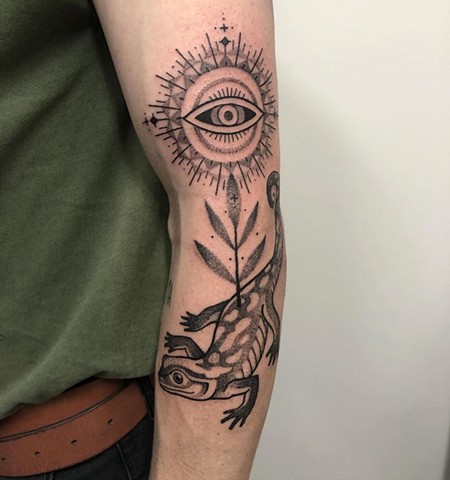 Salamander spirit. The four cardinal points. The seasons. Ode to the sun. Tattoo by Ben Lopez. Melbourne Artist. Blackwork tattooing. Coburg, Victoria. Australia