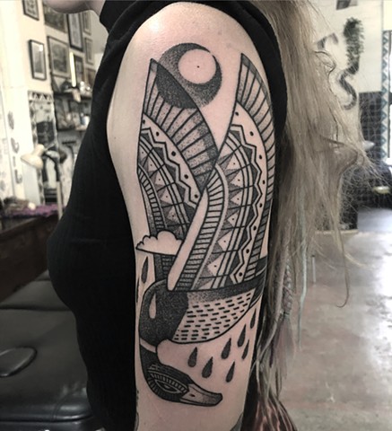 Duck tattoo. Dotwork tattoo. Black work tattoo. Black ink tattoo. Ben Lopez. Melbourne Tattoo artist. Tattoo Coburg, Victoria. Australia. La Flor Sagrada Tattoo. Tattooing and art Studio