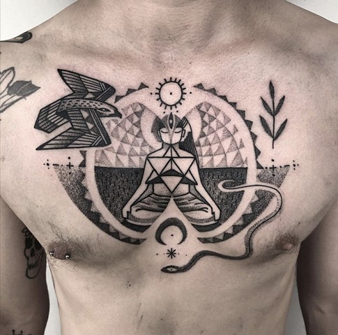 Chest piece tattoo by Ben Lopez. Melbourne tattoo. La Flor Sagrada Tattoo. Coburg, Victoria. Ben Lopez artist. 