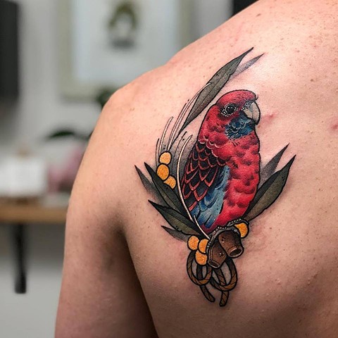 Rosella tattoo by Samantha Sirianni. tattoo artist Melbourne, Australia.