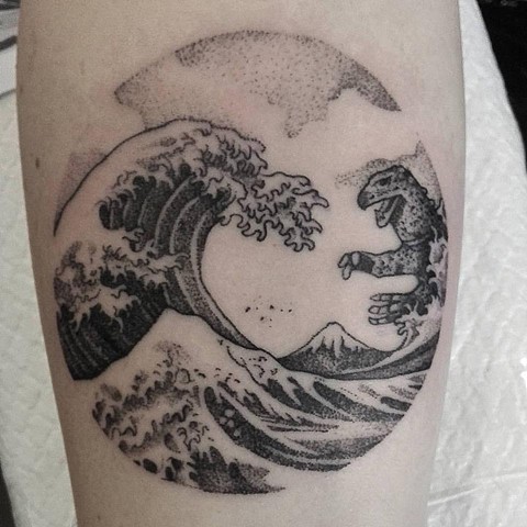 Godzilla and Hokusai tattoo by Samantha Sirianni. La Flor Sagrada Tattoo. MELBOURNE, AUSTRALIA