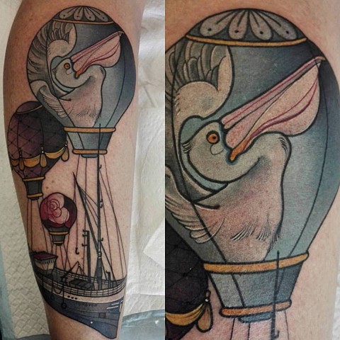 Pelican hot air balloon Tattoo by Samantha Sirianni. La Flor Sagrada Tattoo. MELBOURNE, AUSTRALIA