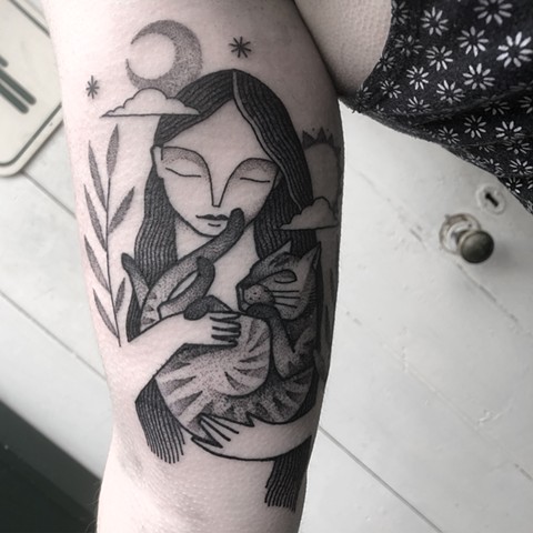 Lady holding Cat. Cat tattoo. Moon tattoo. Black ink tattooing. Ben Lopez. Melbourne. Tattoo artist Melbourne. Australia. Dotwork tattoo and custom tattoo design.