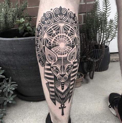 Bastet tattoo design by Ben Lopez. La Flor Sagrada Tattoo studio, located in Coburg, Melbourne. Melbourne tattoo artist. Black work tattoo. Dotwork tattoo. Egyptian tattoo design. 