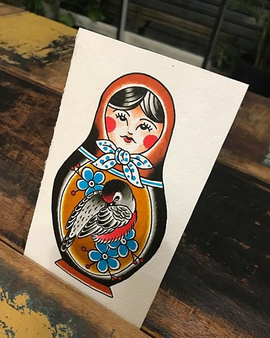 Matriochka doll painting by Andrea Daniel. La Flor Sagrada Tattoo. Coburg. Melbourne. Australia