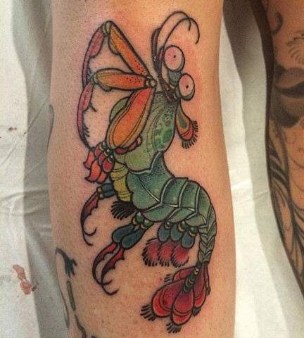 samantha Sirianni. Mantis Shrimp Tattoo. By Artist Samantha. La Flor Sagrada Tattoo. Melbourne. Australia