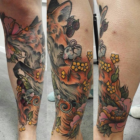 Fox and mice Leg sleeve. Tattoo by Samantha Sirianni. La Flor Sagrada Tattoo. MELBOURNE, AUSTRALIA