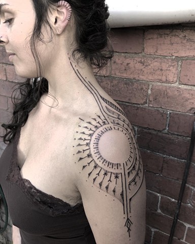 Shoulder tattoo by Ben Lopez. Blackwork tattoo. Dotwork tattoo. Melbourne tattoo studio. Coburg. La Flor Sagrada Tattoo. Victoria, Australia. Moreland art studio. Melbourne tattoo and Art studio