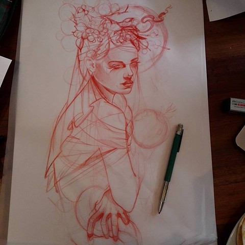 Artwork. Tattoo design sketch by Samantha Sirianni. La Flor Sagrada Tattoo. Melbourne, Australia