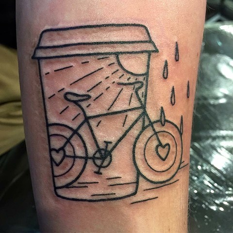 Coffee cup and bicycle design. Tattooist Andrea Daniel. Melbourne, Victoria. Australia