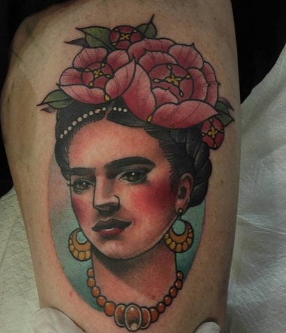 Frida Kahlo portrait. Tattoo by Samantha Sirianni. La Flor Sagrada. Coburg, Melbourne. Australia. 