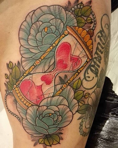 Hourglass tattoo by Samantha Sirianni. La Flor Sagrada Tattoo. MELBOURNE, AUSTRALIA