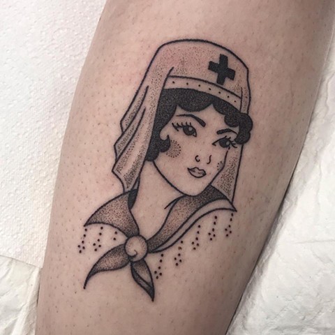 Professional Handpoke tattoo by Amy 'Unalome' Jones. Nurse lady tattoo and custom tattoo design
