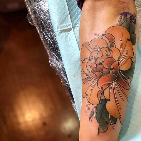 Chrysanthemum tattoo by Samantha Sirianni. La Flor Sagrada Tattoo. Sydney rd. Coburg. Melbourne Australia