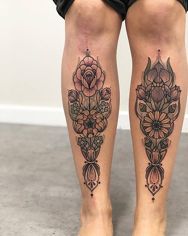 Samantha Sirianni. Floral Tattoo on shins. La Flor Sagrada Tattoo. Melbourne. Australia