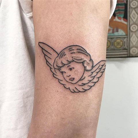 Angel tattoo by Amy Jones (aka. AMY UNALOME). La Flor Sagrada Tattoo, Australia. Melbourne professional tattoo artist. Coburg, Victoria