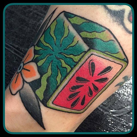 Melbourne tattooist Andrea Daniel. La Flor Sagrada Tattoo. Melbourne. Square watermelon tattoo 