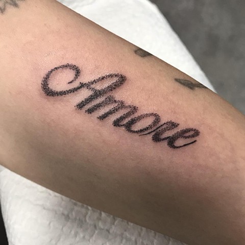 'Amore' lettering by Amy 'Unalome' Jones. Professional tattooing at La Flor Sagrada Tattoo and Artist studio, Melbourne. Victoria, Australia