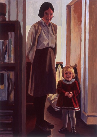 painting on paper, figurative, group, mother and daughter