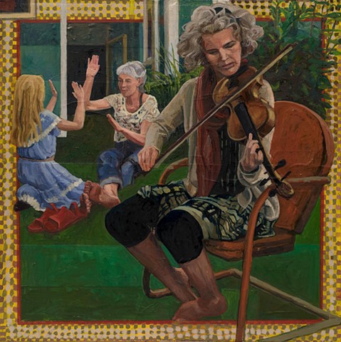 figurative, musician, fiddle, border, pattern, oil on canvas, figures in background playing clapping game.