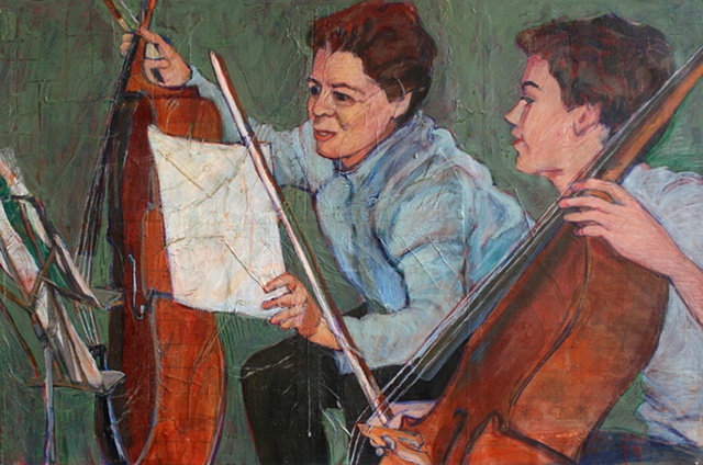 collage, mixed materials, two musicians with cellos read a musical score