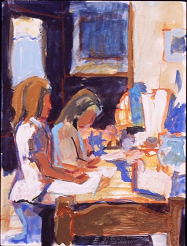two children leaning at a table working on homework.