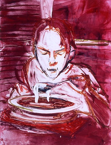 monotype print, young girls, figurative, soup