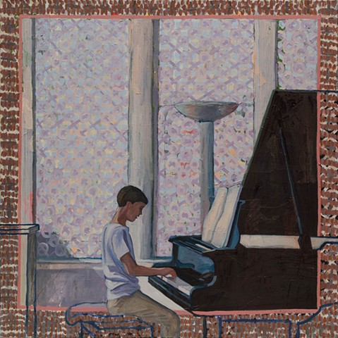 oil painting, portrait, patterned, interior. A girl sits and plays at a grand piano.