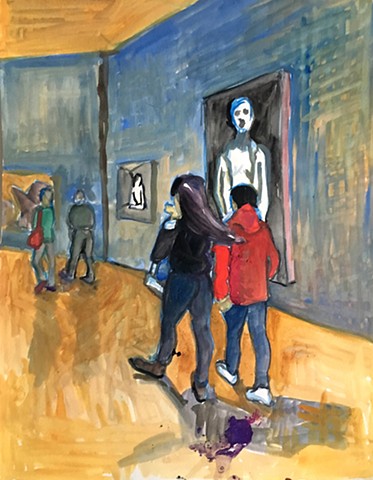 Two figures walk by a large portrait hanging on a blue wall. One figure wears a red hoody.