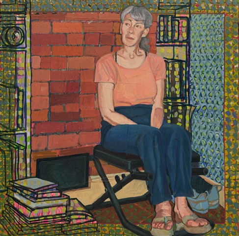 oil painting, portrait, patterned, a woman sitting on a yoga bench against a wall with bookshelves.