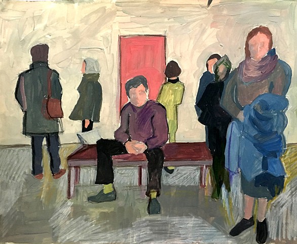Several standing figures and one seated on in an art gallery; a woman holds a blue winter coat.