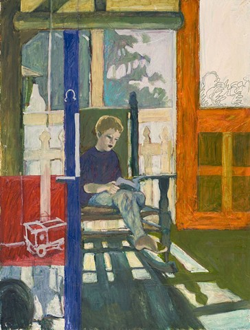 oil painting, portrait, interior, work on paper. A young boy sits in a rocking chair on a porch reading a book.