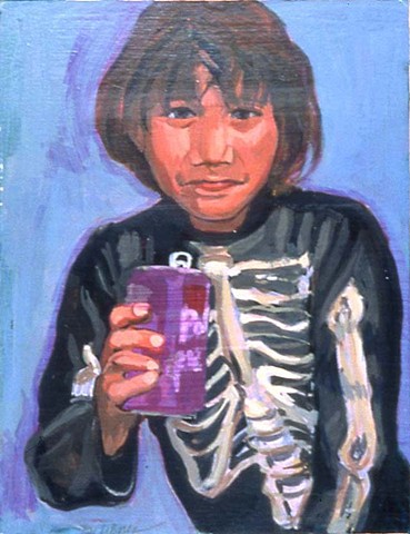 child in a skeleton costume holding a purple soda can