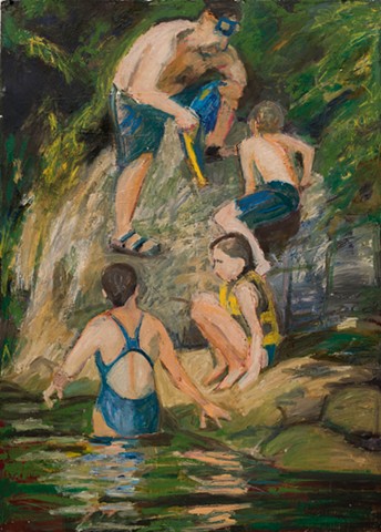 oil on paper, swimmers, figures in water, Connecticut River, 