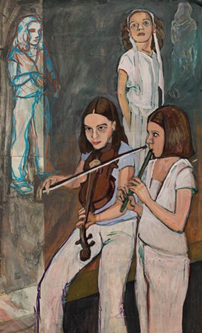 acrylic on paper, cheilagh band, Irish music, young musicians, fiddle, tin whistle