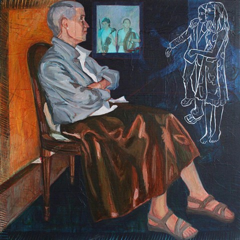Portrait, acrylic, collage, A figure sits in profile, wearing a coppery satin skirt. Beyond her gaze a silhouette drawing of two girls gazes at her, and in the background, two girls look out of a photographic window. 
