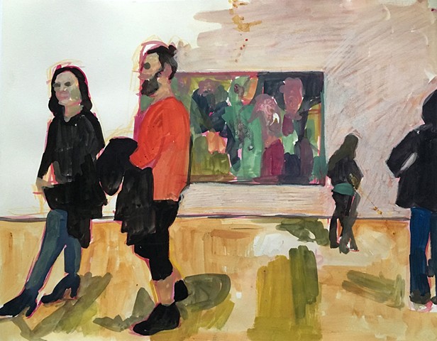 A man with hair in a bun and a woman walk past a grace Hartigan painting.