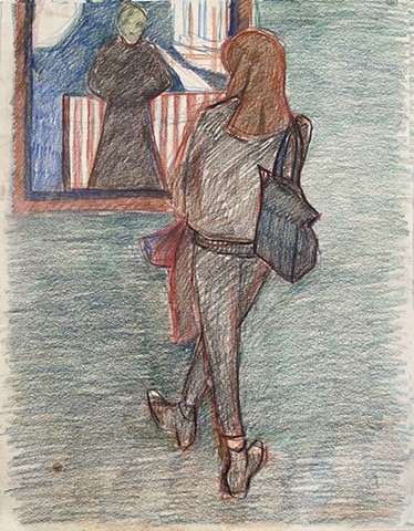 A woman stands cross legged in front of a Munch painting; colored pencil drawing