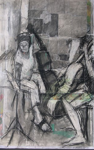drawing, collage on paper, musicians, cello, Two musicians play the cello together.
