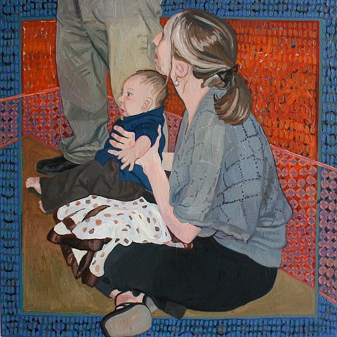oil painting, portrait, patterned, interior, a young mother holds her baby and looks up at her husband. They have a polka dot blanket.