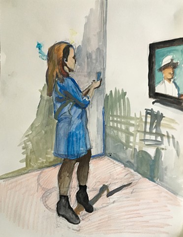 A woman wearing blue dress stands in front of and photographs an Edward Hopper self-portrait.