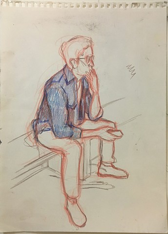 Colored pencil and graphite sketch of a man seated on a museum bench.