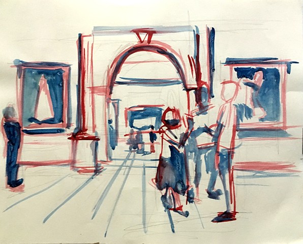 loose watercolor sketch of figures standing in front of an arch doorway in the Manet Gallery.