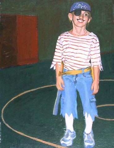 a child wearing a pirate costume with a striped shirt, bandana, and fringed pants stands in a circle on a green floor