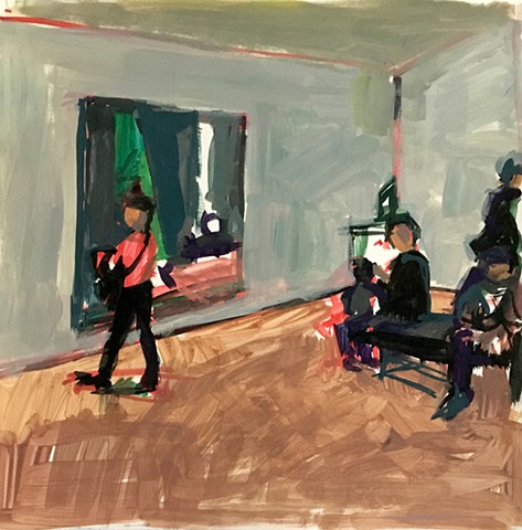 Some standing and seated figures looking at Matisse's Piano Lesson painting