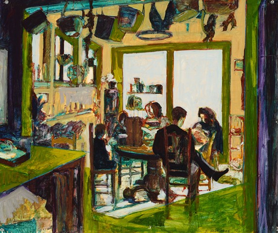 oil on paper, figures, interior, figures sitting around a table
